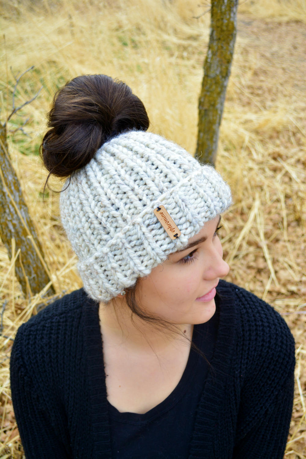 Chunky Messy Bun Beanie, Messy Bun Hat, Ponytail Hat, Handmade Crochet Ponytail Hat, Shown Here In Wheat | Choose Your Color