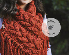 Load image into Gallery viewer, PATTERN: Autumn Cables Cowl | Knitting Pattern, PDF File Cable Cowl Knit Pattern, Knit Scarf Pattern, Fringe Scarf
