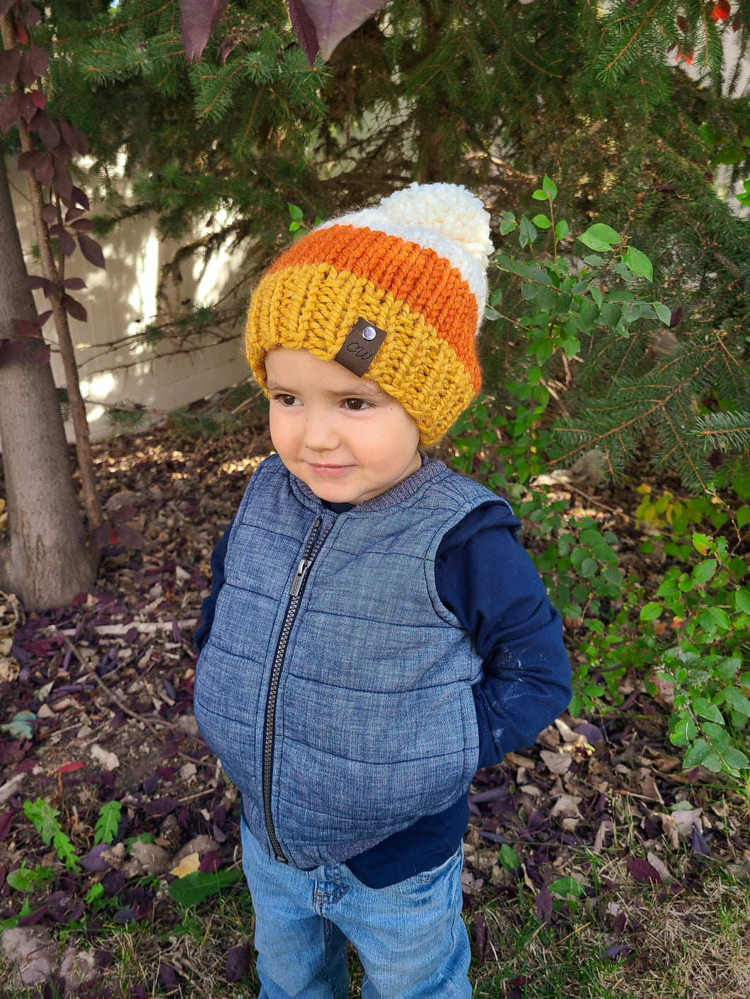 Chunky Cable Knit Hat, Kids Chunky Candy Corn Beanie, Knitted Hat With Pom Pom | CANDY CORN |